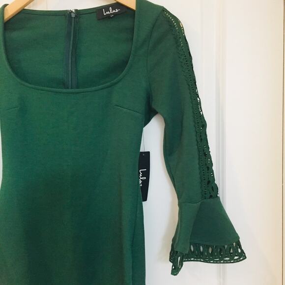 LULUS Emerald Green Bell Sleeve Mini Bodycon Cutout Dress XS Fitted NEW - Picture 6 of 11